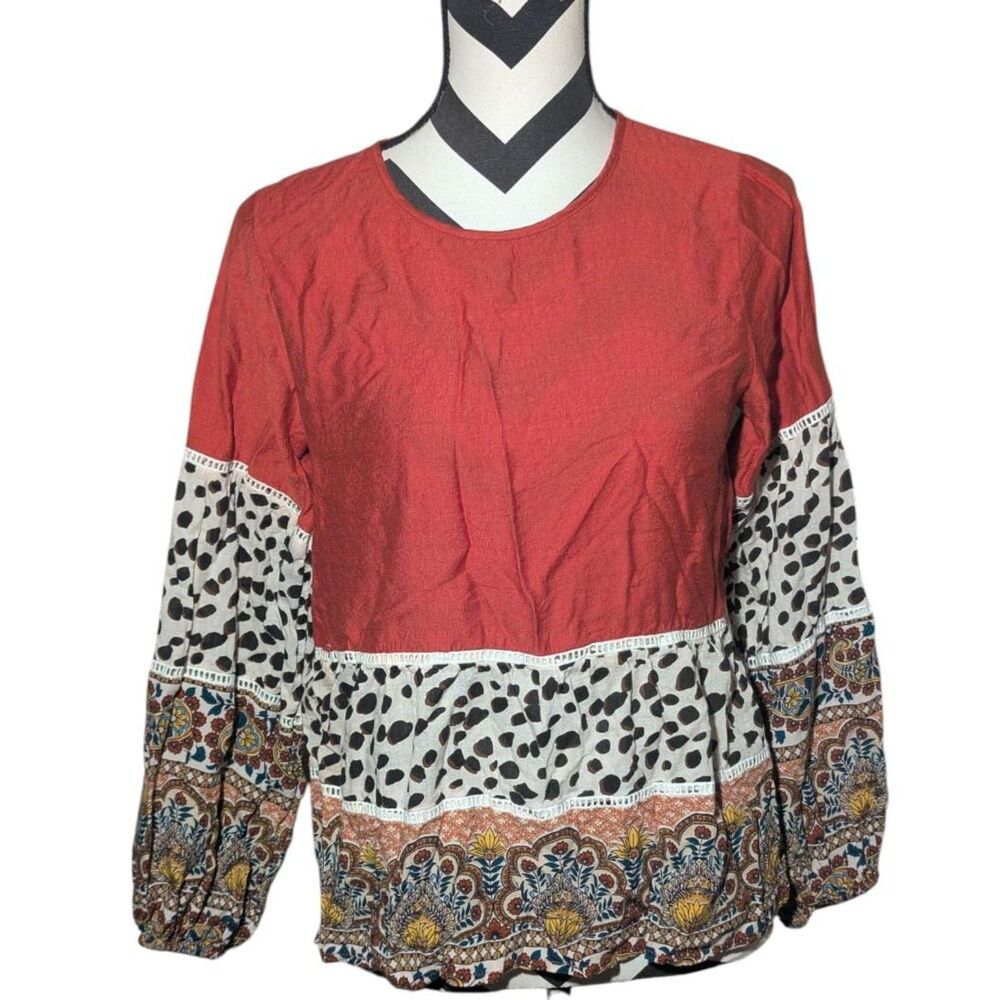 THML S Mixed Print Tunic Blouse - Boho Rust Animal Print Floral Long Sleeve